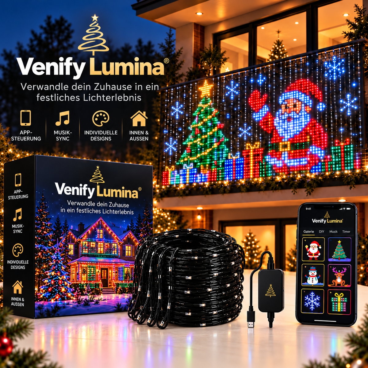 Venify® Lumina – LED-Weihnachtsvorhang für Balkone