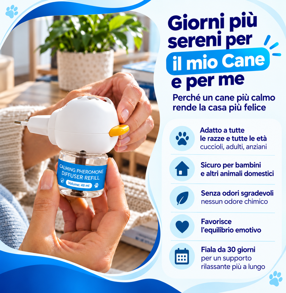 Diffusore di feromoni materni canini ad effetto calmante.