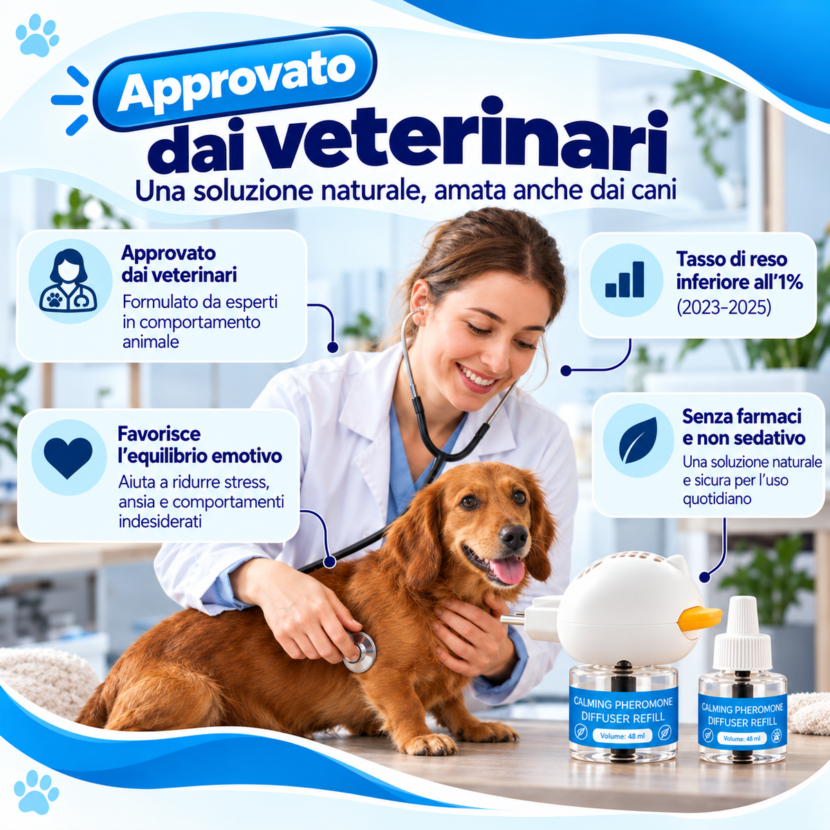 Diffusore di feromoni materni canini ad effetto calmante.